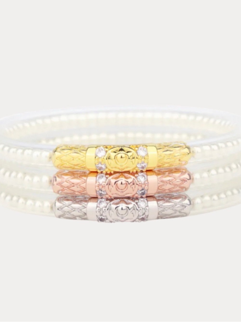 BuDhaGirl White Pearl Three Queens All Weather Bangles (set of 3)
